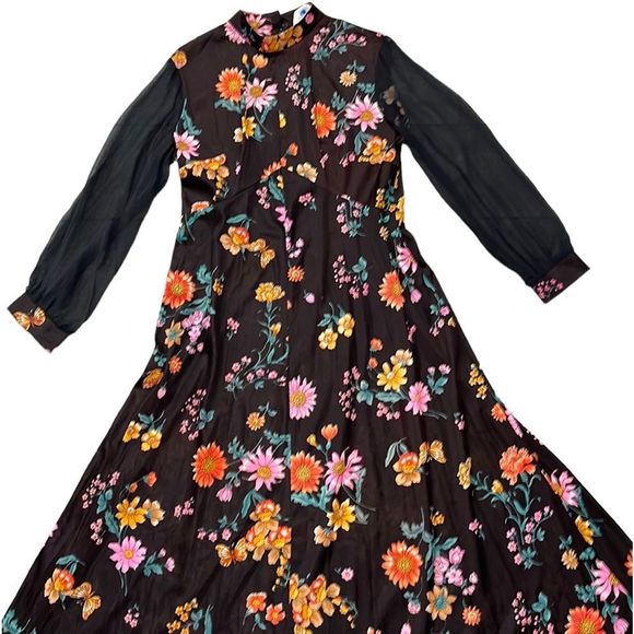 Vintage Dresses & Skirts - Vintage 70s Floral and Black Long Sleeve Sheer Maxi Dress